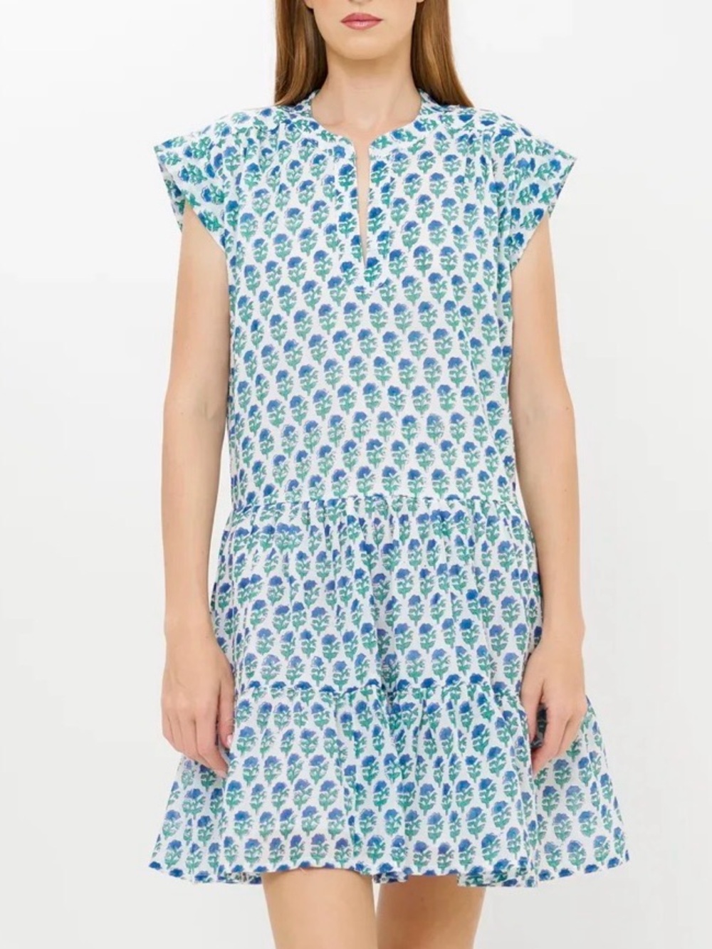 Oliphant Blue and White Floral Tiered Mini Dress Sz L